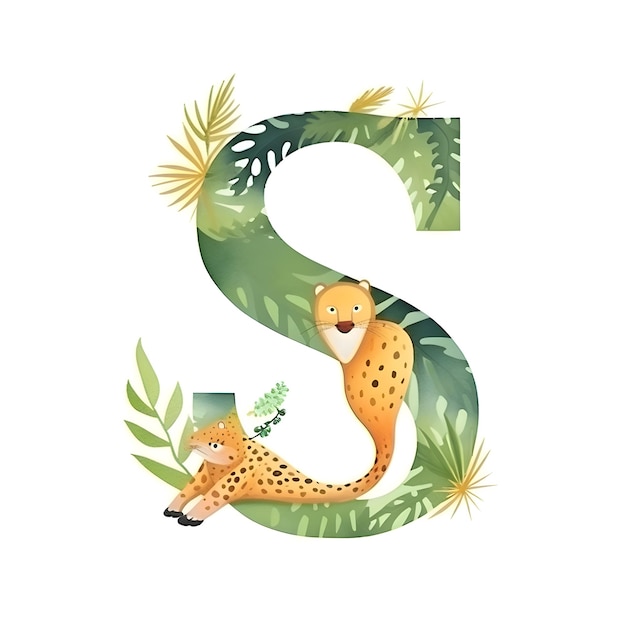 Alphabet-Buchstabe S mit niedlichem Cartoon-Geparden und tropischen Blättern. Handgezeichnete Vektorillustration