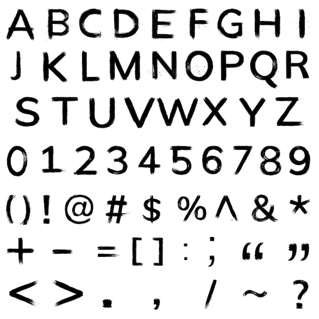 Alphabetische Zahlen, Symbole, png-Alphabet, handgezeichneter Pinselstrich-Set