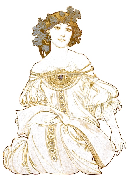 Alphonse Muchas png adhesivo de mujer vintage de oro ilustración art nouveau en fondo transparente remezclada por rawpixel