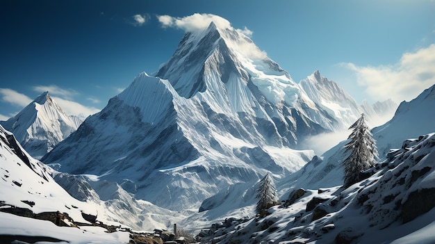 _Alpine Majesty pico de montaña nevado bajo un cielo azul claro_