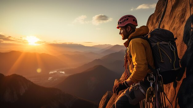 Alpinista activo en la búsqueda de la cumbre abrazando el desafío en la cálida luz de la montaña