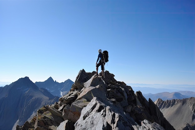 Alpinista alcançando o cume da montanha com vista para terreno acidentado e céu azul claro criado com geração de inteligência artificial