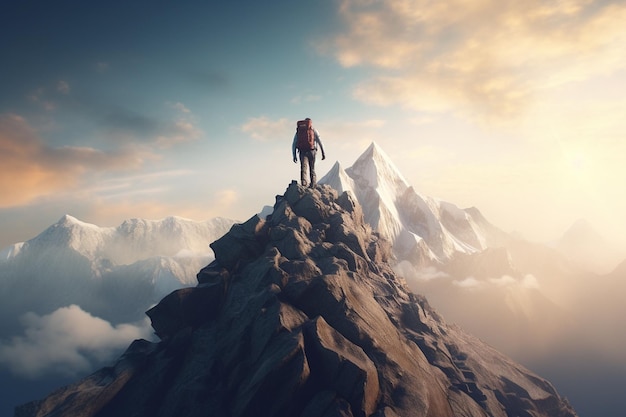 Alpinista alcanzando la cima de una montaña Generativo ai