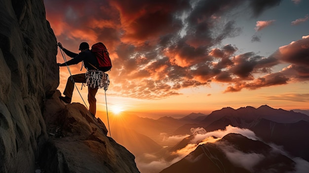 Alpinista de ascenso al atardecer ardiente en una roca escarpada con equipos de colores brillantes retos de alpinismo