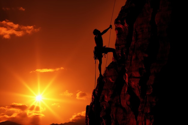 Alpinista aventureiro escalando uma montanha majestosa contra um fundo de pôr-do-sol de tirar o fôlego