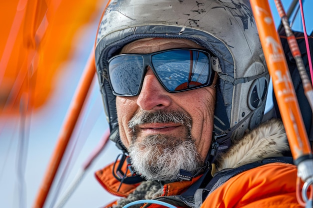 Alpinista aventurero con casco de seguridad y gafas de sol reflectantes de pie junto a la tienda naranja en