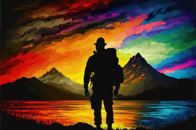 Alpinista carregando mochila admirando montanhas e aurora colorida na paisagem noturna Conceito de fantasia Ilustração pintura Generative AI