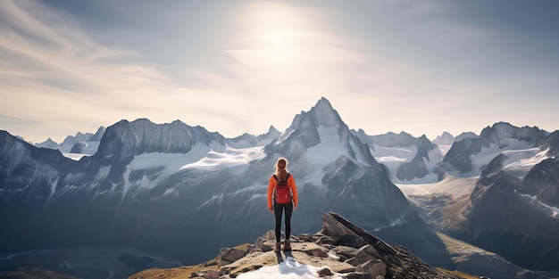 Alpinista chica con vistas a las altas cumbres y al profundo valle