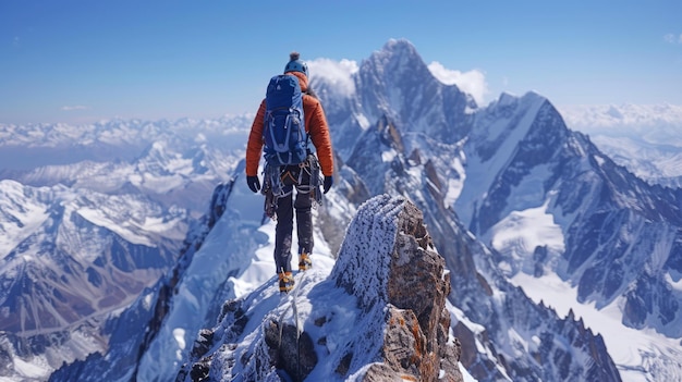 Alpinista en la cima de una montaña cubierta de nieve