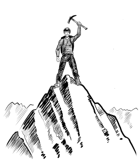 Alpinista en la cima de una montaña Ilustración en blanco y negro dibujada a mano