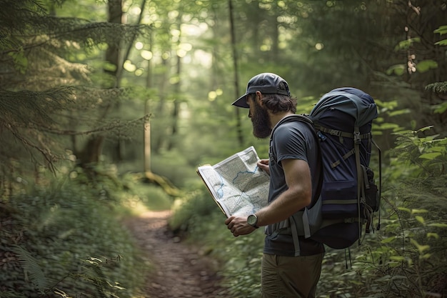 Alpinista com mochila e mapa na trilha pela floresta arborizada