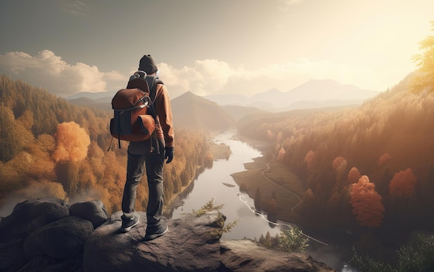 Alpinista com mochila em pé na beira de um penhasco e olhando para o rio Generative AI