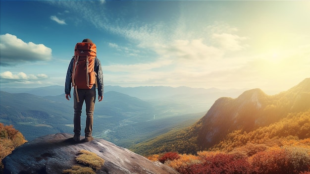 Alpinista com mochila em pé no topo da montanha e olhando para o vale com a luz do sol da manhã