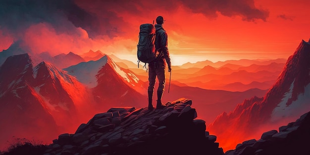 Alpinista com mochila no topo da montanha ao pôr do sol renderização em 3D