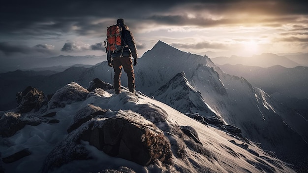 Alpinista com uma mochila no topo de uma montanha de neve ao pôr do sol generative ai