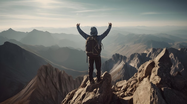 Alpinista comemorando o sucesso no topo da montanha generativa ai