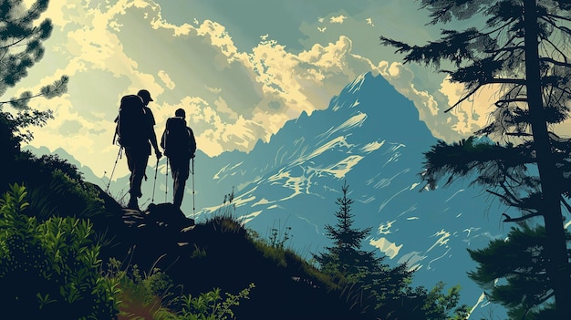 Alpinista contra o fundo de uma ilustração de um pico de montanha