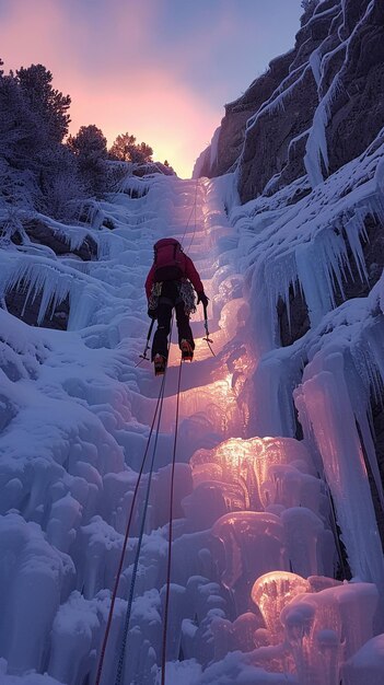 Foto alpinista de gelo subindo uma cachoeira congelada