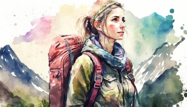 Alpinista de mulher com mochila no topo da montanha estilo aquarela Generative AI