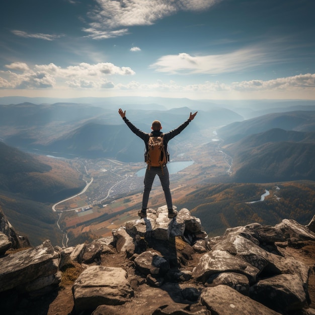 Foto alpinista de sucesso, conquistador de montanhas, deleita-se com a vista panorâmica do cume triunfante for social medi