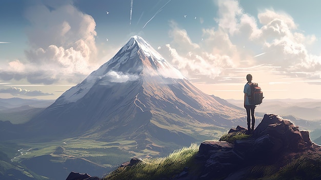 Alpinista em pé no topo de uma ilustração de arte digital de montanha Generative AI