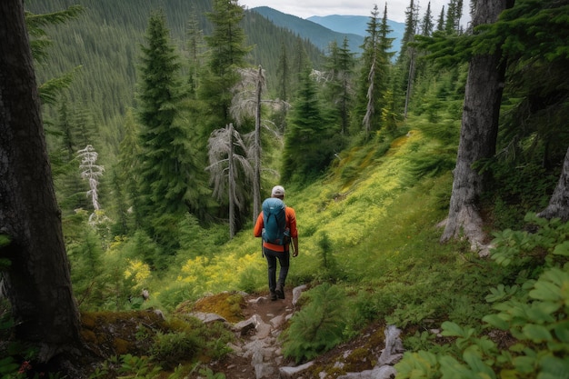 Alpinista escalando a trilha da floresta de abetos coberta de vegetação com vista para o vale abaixo