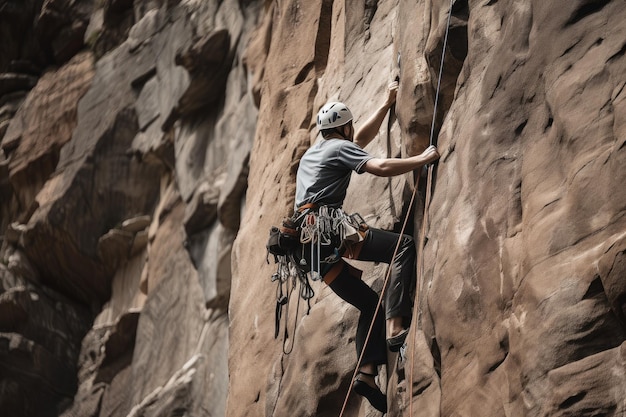 Alpinista escalando parede vertical com mochila e cordas visíveis criadas com generative ai