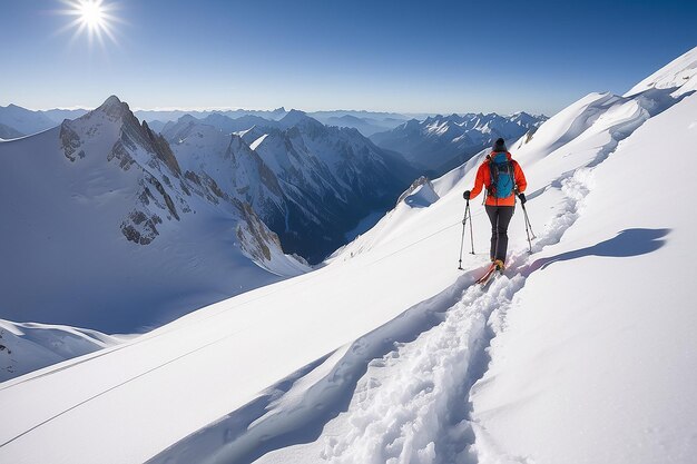 Foto alpinista de esquí de fondo caminando