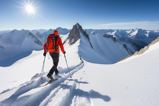 Foto alpinista de esquí de fondo caminando