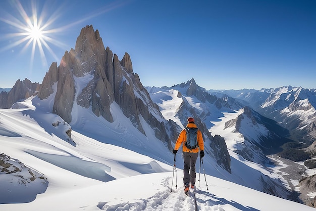 Foto alpinista de esquí de fondo caminando