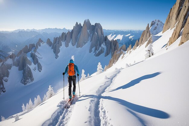 Foto alpinista de esquí de fondo caminando