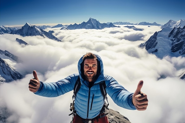 Alpinista feliz en la cima de una montaña contra un fondo de rocas y nubes