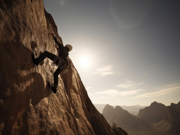 Alpinista generado por IA escalando una montaña rocosa en un día soleado