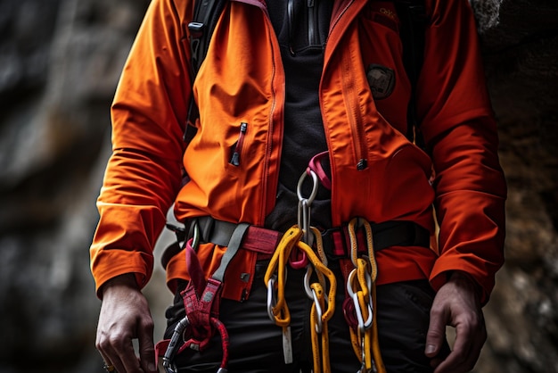 Foto alpinista masculino con equipo de escalada sosteniendo la cuerda listo para comenzar a escalar la ruta