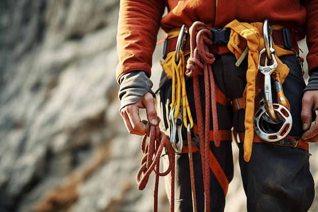 Foto alpinista masculino con equipo de escalada sosteniendo la cuerda listo para comenzar a escalar la ruta