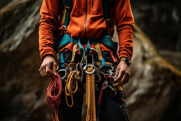 Foto alpinista masculino con equipo de escalada sosteniendo la cuerda listo para comenzar a escalar la ruta