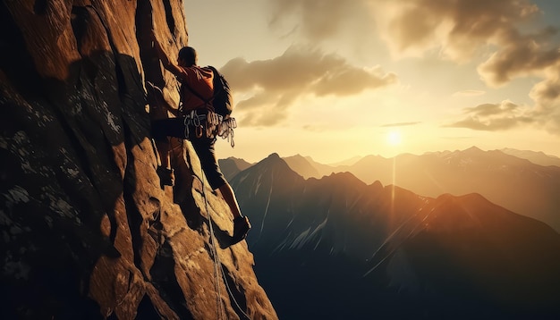 Alpinista masculino en la montaña al atardecer