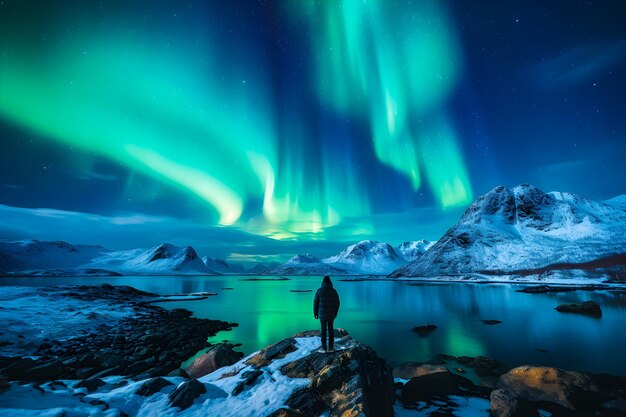 Foto el alpinista mira con admiración la aurora boreal o el fenómeno aurora generative ai