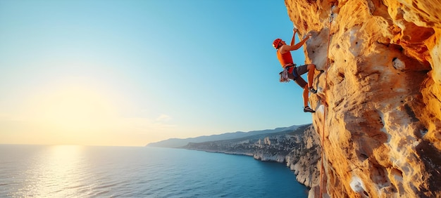 Alpinista en una montaña contra el telón de fondo del mar azul puesta de sol en el fondo