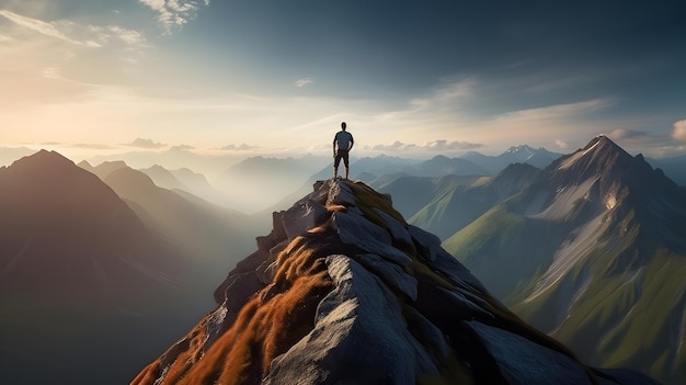 Alpinista no cume de uma montanha com vista para uma vista deslumbrante Apex silhueta falésias e vale lan