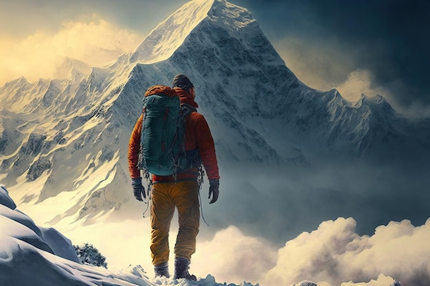 alpinista olhando para a montanha alta coberta de neve