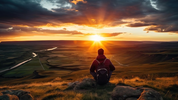 Alpinista sentado no topo de uma montanha e olhando o pôr do sol