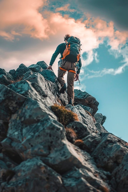 Alpinista sobe a montanha Foco seletivo