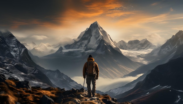alpinista solitário em pé triunfante no cume de uma montanha