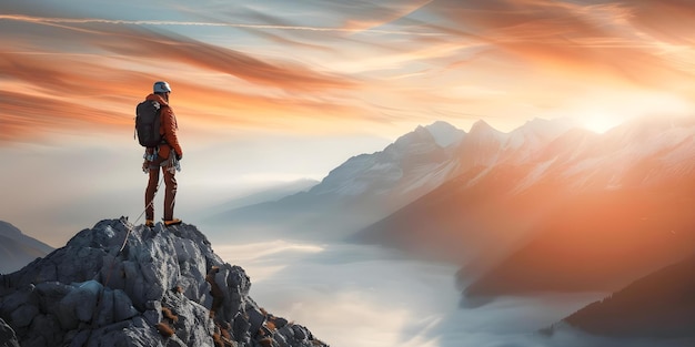 Foto alpinista solo triunfante conquista um pico acidentado com determinação em meio a um cenário de montanha majestoso conceito alpinismo solo alpinista triunfo determinação montanha majestica