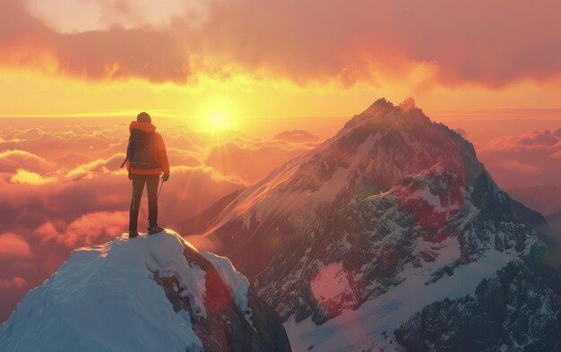 Foto alpinista sozinho alcançando o pináculo de uma montanha ao nascer do sol errante solitário olhando do topo de uma montanha no anoitecer