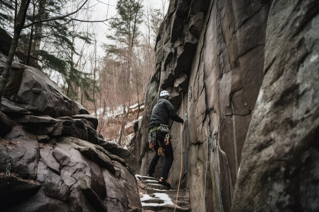 Foto alpinista subindo parede vertical com cordas e equipamentos visíveis criados com generative ai