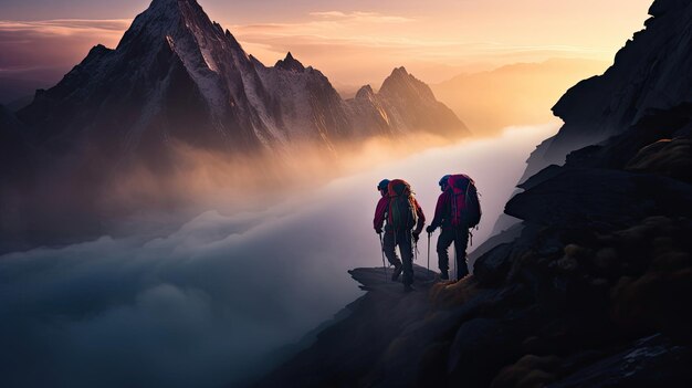 Alpinistas en el ascenso de un valle alpino lleno de niebla