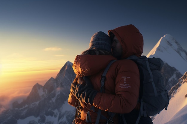 Alpinistas compartilhando um abraço comemorativo no cume t 00603 03