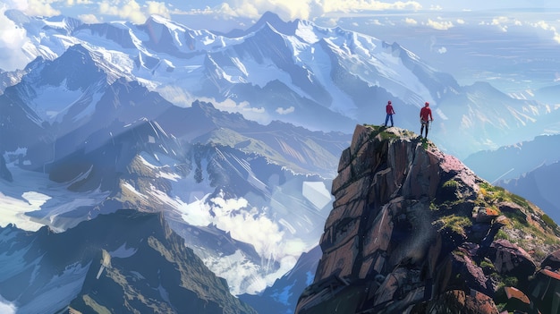 Alpinistas em cima de uma montanha olhando para as vastas montanhas geradas por IA Imagem